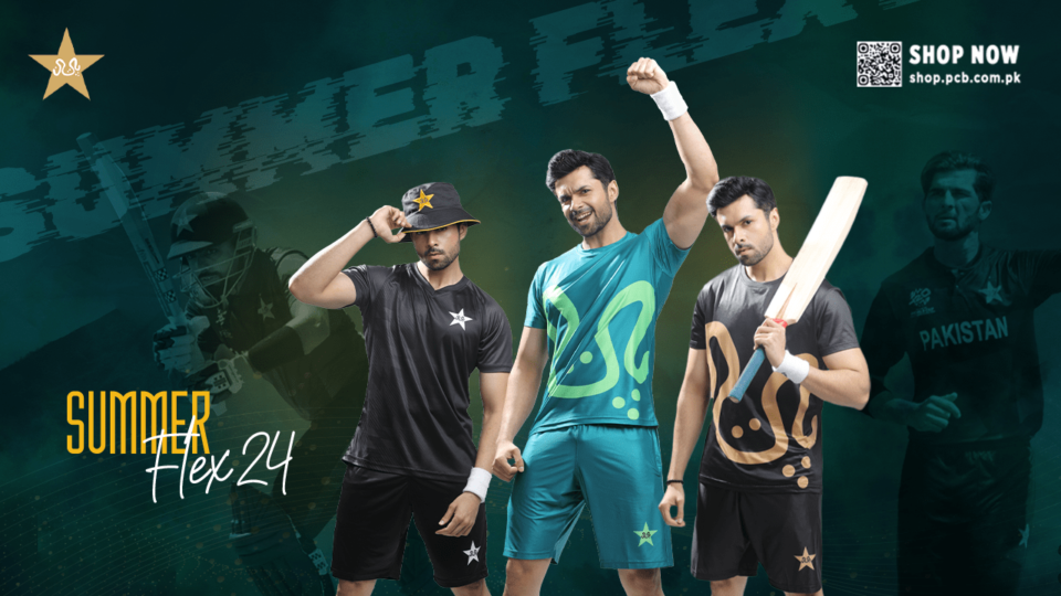 Portrait photoshoot of cricket players for PCB SummerFlex 2024 merchandise campaign, featuring bold athletic poses in sportswear.
