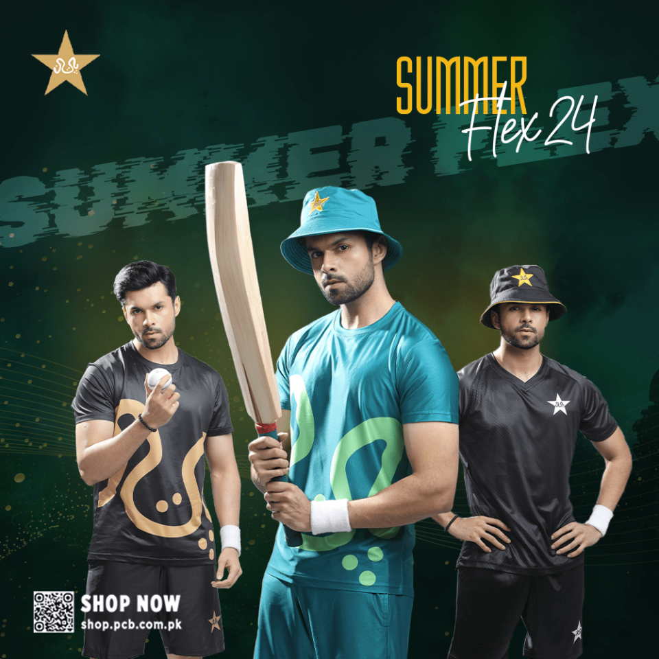 Portraits of male models showcasing PCB’s Summer Flex 24 merchandise in bold athletic poses.
