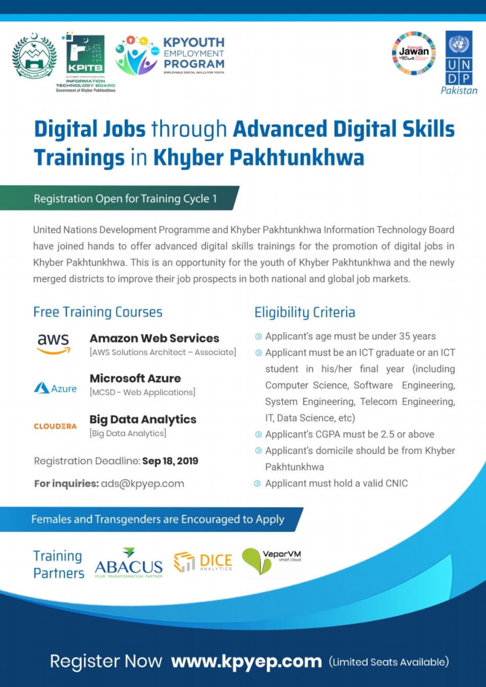 Promotional poster for "Digital Jobs through Advanced Digital Skills Trainings in Khyber Pakhtunkhwa," a joint initiative by UNDP Pakistan and KP Information Technology Board, offering free courses in AWS, Azure, and Big Data Analytics, with eligibility criteria and registration details.