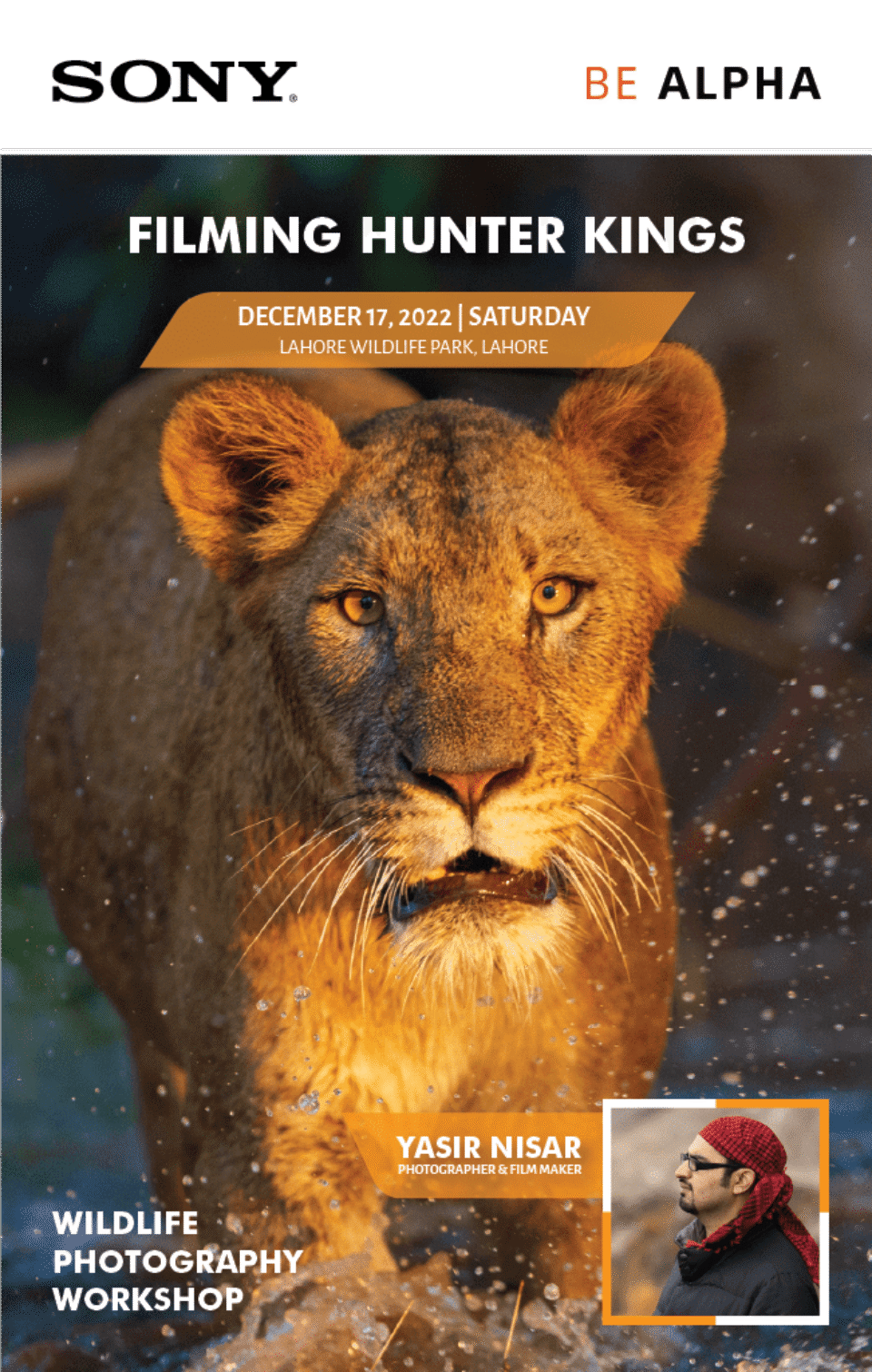 Vertical poster design for the Sony Be Alpha Wildlife Photography workshop, titled "Filming Hunter Kings," featuring an intense, close-up image of a lion. Graphic design by AHSANZ.