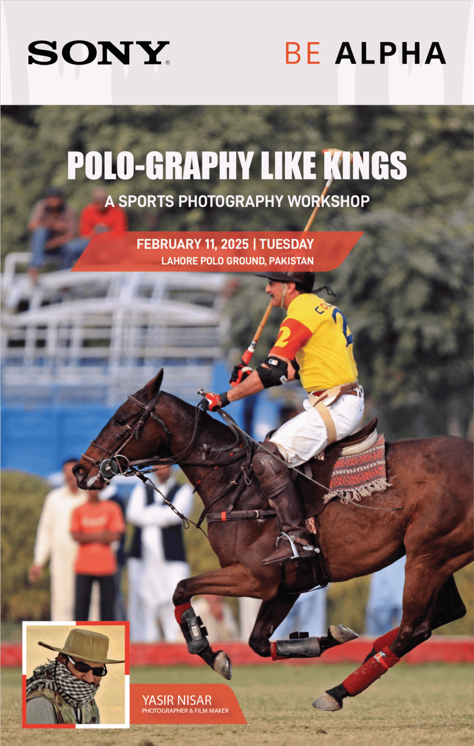 Vertical poster design for the Sony Be Alpha sports photography workshop, "Polo-graphy Like Kings," showing a close-up of a polo player on horseback mid-game. Graphic design by AHSANZ.