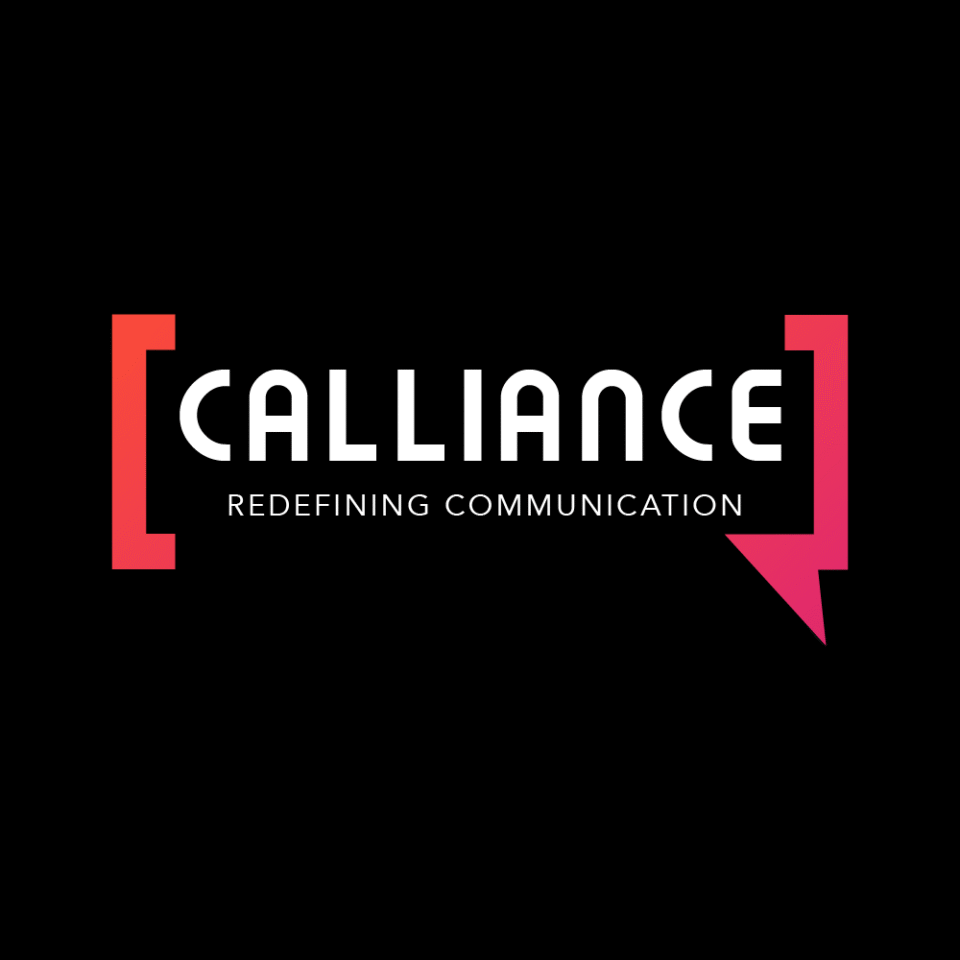 Modern tech logo for CALLIANCE featuring white bold typography framed by vibrant orange and pink gradient speech bubble brackets on a black background, designed by AHSANZ.