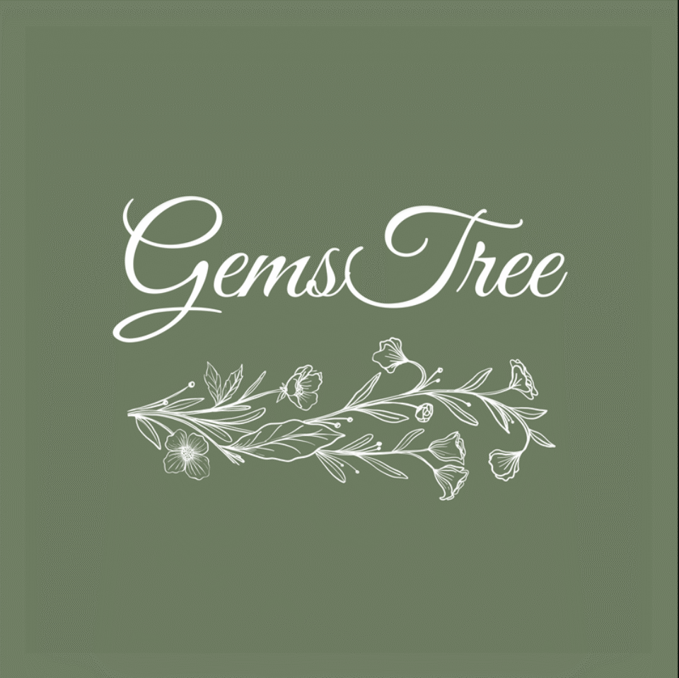Elegant white line-art logo for GemsTree featuring a horizontal botanical flourish on a sage green background, designed by AHSANZ.