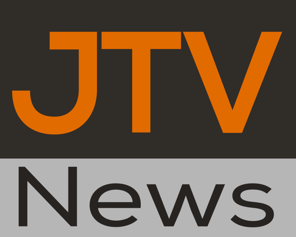 Professional media logo for JTV News featuring bold orange 'JTV' lettering on a dark charcoal header and 'News' text on a light grey footer, designed by AHSANZ.