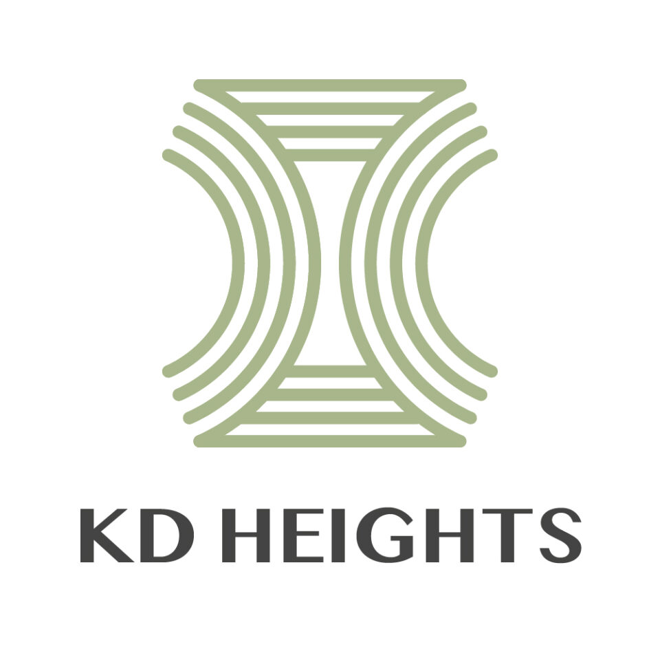 A modern real estate logo for 'KD HEIGHTS' featuring a sage green geometric icon composed of concentric semicircular lines and horizontal bars forming a pillar or abstract building shape, set above bold charcoal sans-serif typography, designed by AHSANZ.