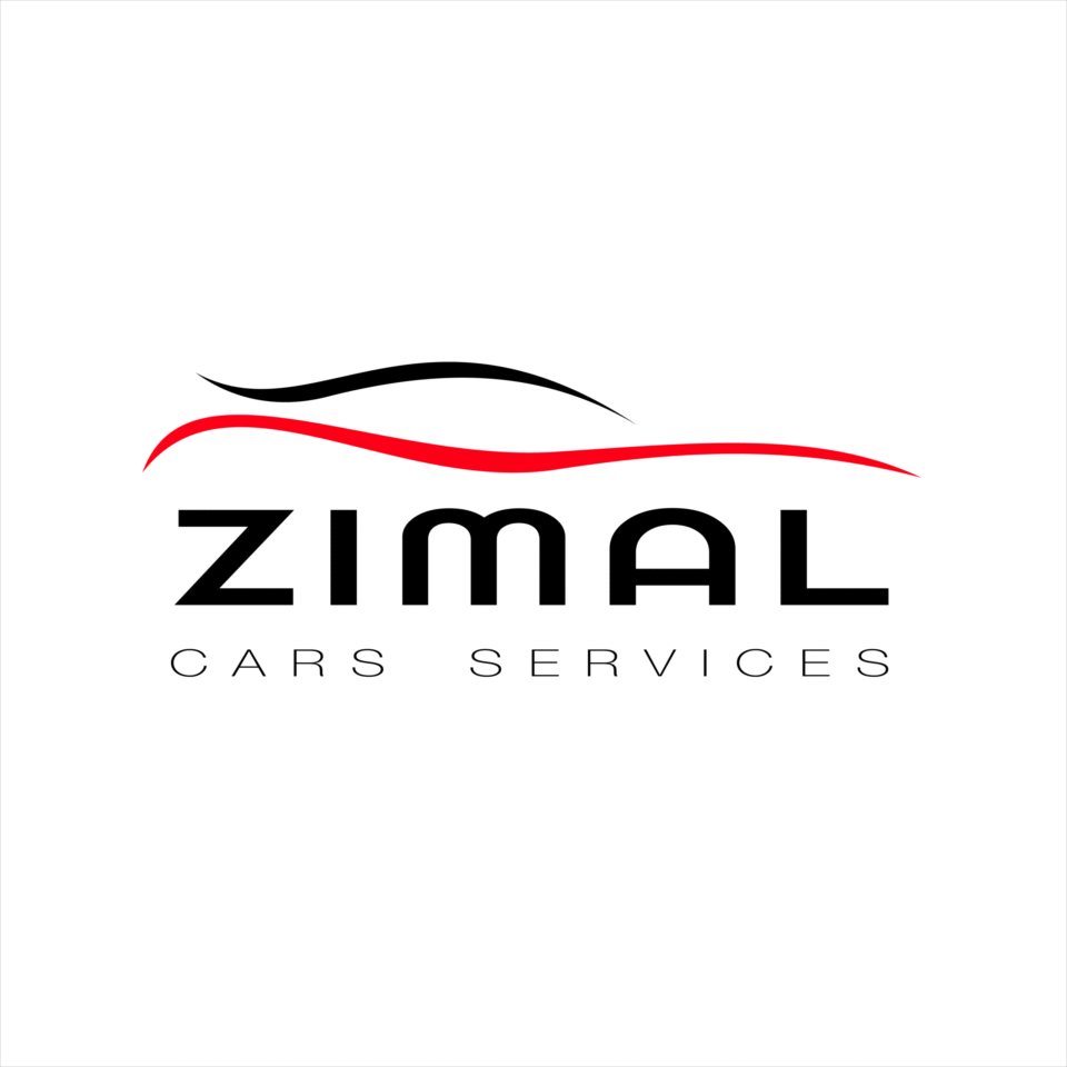 Minimalist automotive logo design for ZIMAL CARS SERVICES featuring sleek black and red brushstroke silhouettes of a car above bold sans-serif typography, created by AHSANZ.