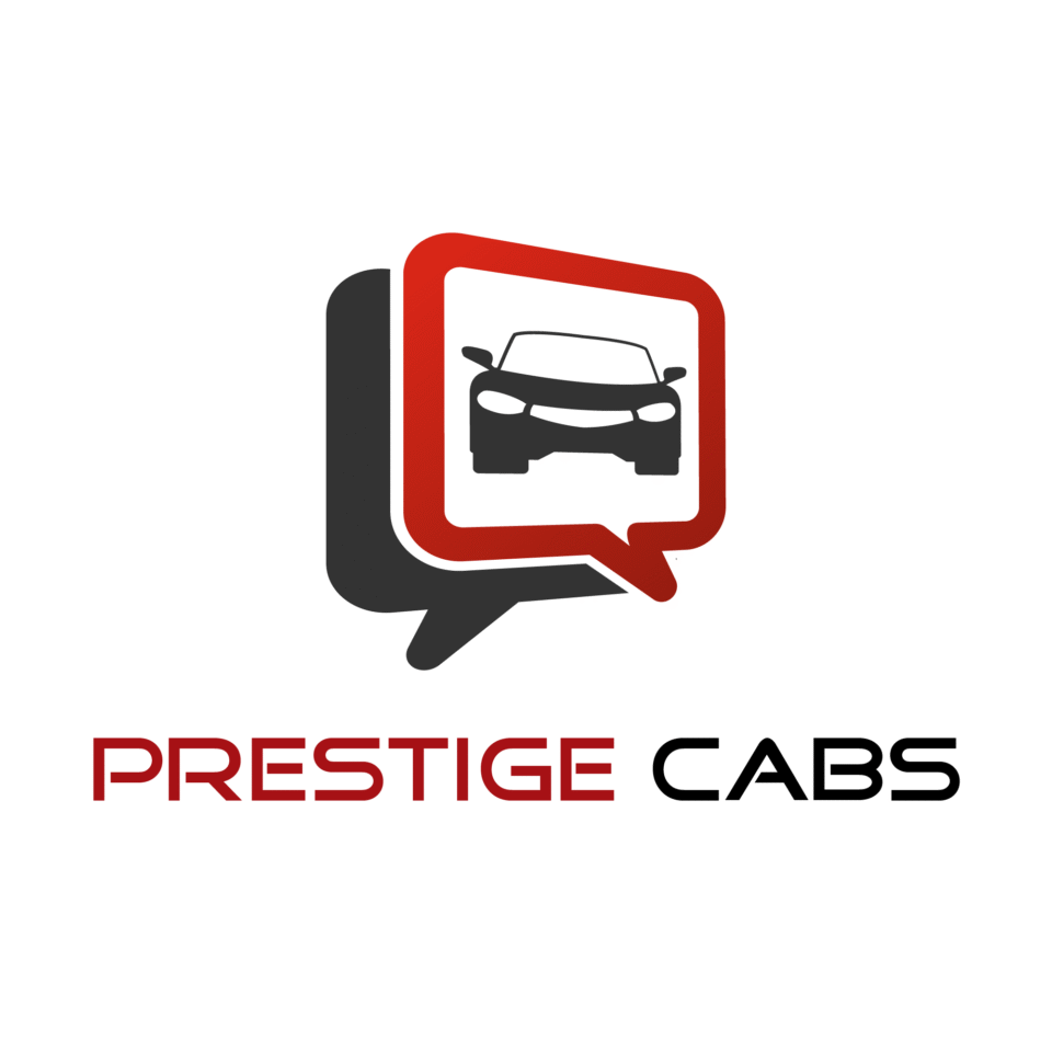 Modern logo for PRESTIGE CABS featuring a car silhouette inside a red and black layered speech bubble icon on a white background, designed by AHSANZ.