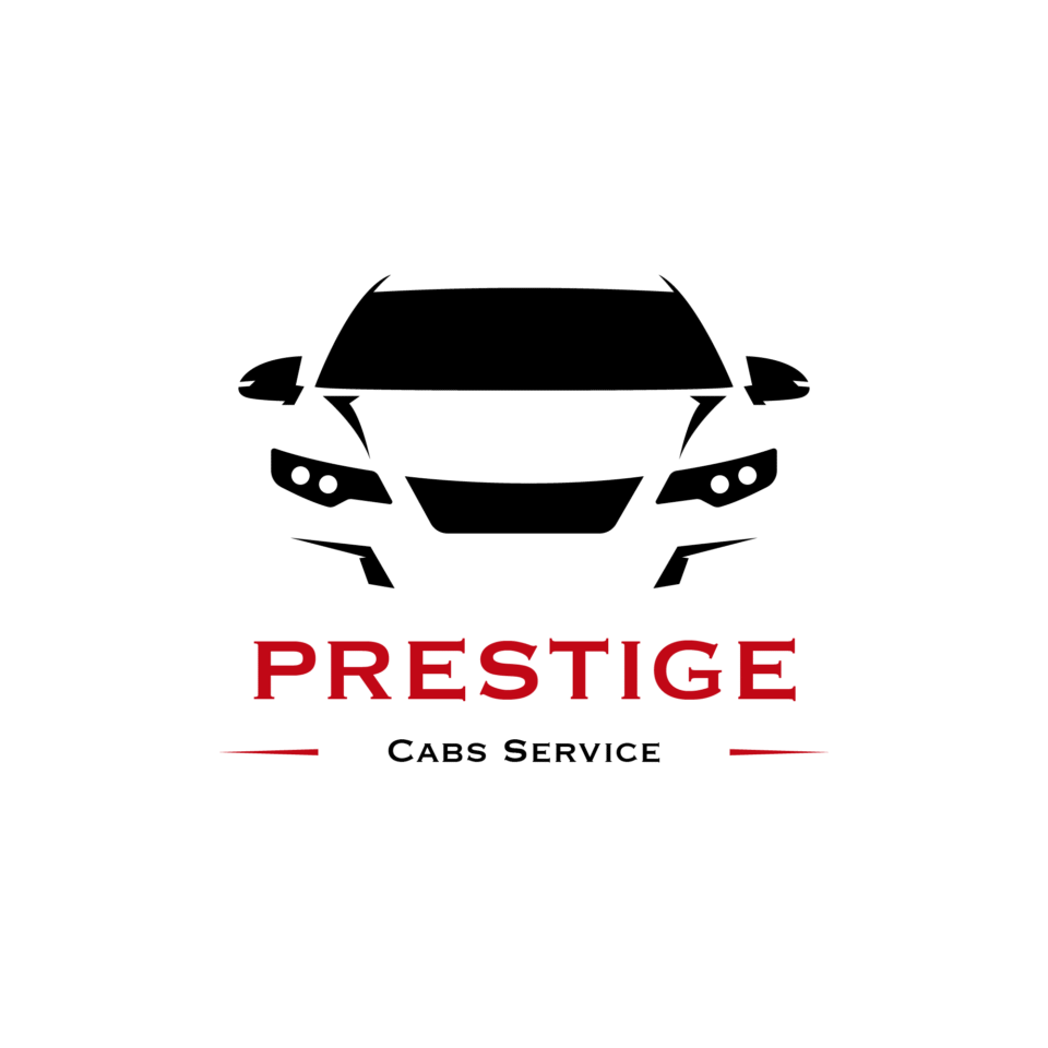 A professional automotive logo for 'Prestige Cabs Service' featuring a minimalist black silhouette of a modern car's front profile. The word 'PRESTIGE' is written in bold red serif typography, while 'CABS SERVICE' is displayed in clean black text below, designed by AHSANZ.