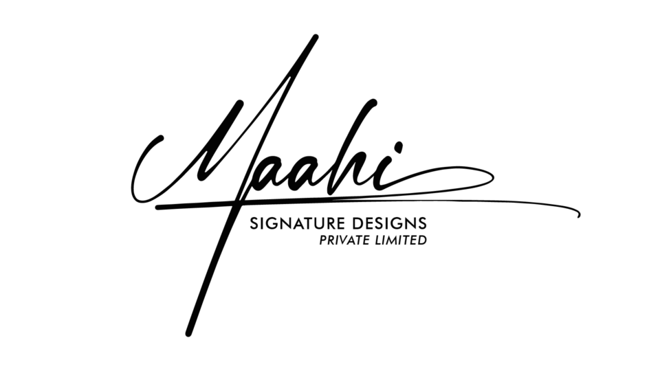 An elegant black and white logo for 'Maahi Signature Designs Private Limited' featuring a fluid, handwritten script for the word 'Maahi' with sharp, artistic strokes, paired with clean sans-serif typography for the business name, designed by AHSANZ.