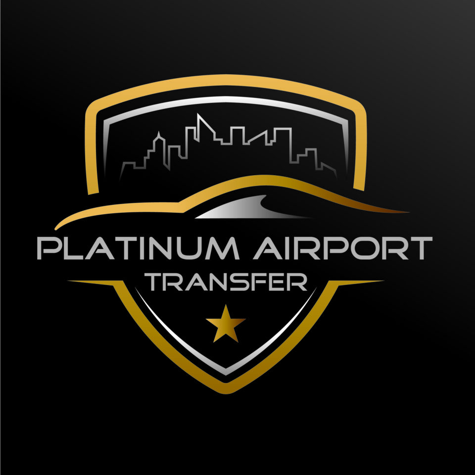 A premium shield-shaped logo for 'PLATINUM AIRPORT TRANSFER' featuring a gold and silver metallic gradient. The design includes a city skyline silhouette inside the upper shield, a sleek car profile line in the center, and a single gold star at the bottom, meticulously designed by AHSANZ.