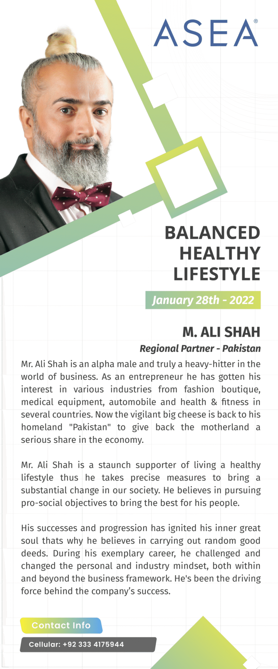 A vertical marketing standee designed by AHSANZ for ASEA, featuring M. Ali Shah, Regional Partner for Pakistan. The design includes a professional portrait, a lime green and teal geometric border, a "Balanced Healthy Lifestyle" heading, and a detailed professional biography on a clean, light-grid background.