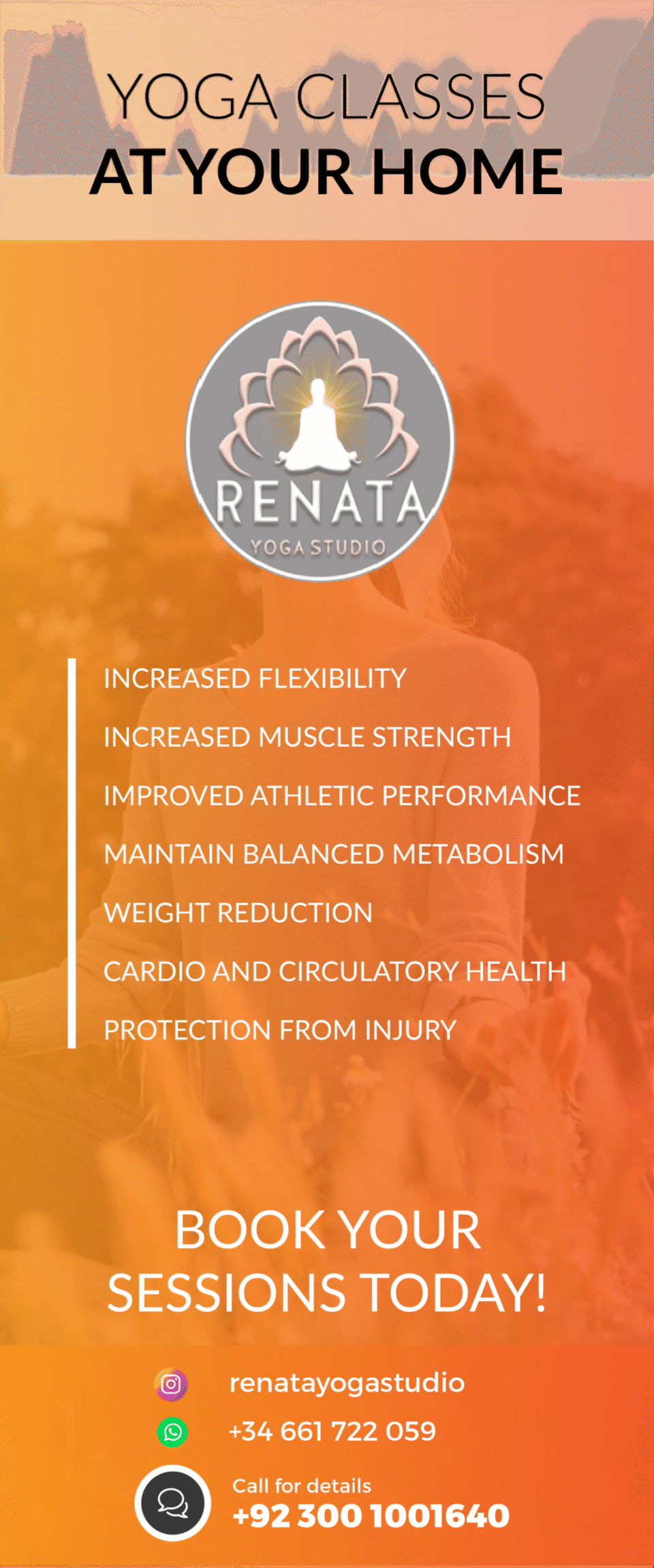 A vertical promotional standee designed by AHSANZ for Renata Yoga Studio featuring an orange and peach gradient background with a silhouette of mountains. The design highlights "Yoga Classes At Your Home" and lists several health benefits such as increased flexibility and weight reduction, alongside a central studio logo and contact information at the bottom.