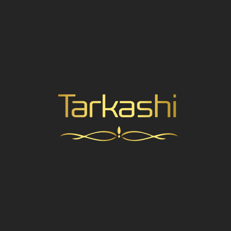 A luxury logo for 'Tarkashi' featuring elegant gold-gradient typography on a dark charcoal background. The design includes a modern sans-serif font for the brand name and a decorative gold ornamental flourish underneath, meticulously designed by AHSANZ.