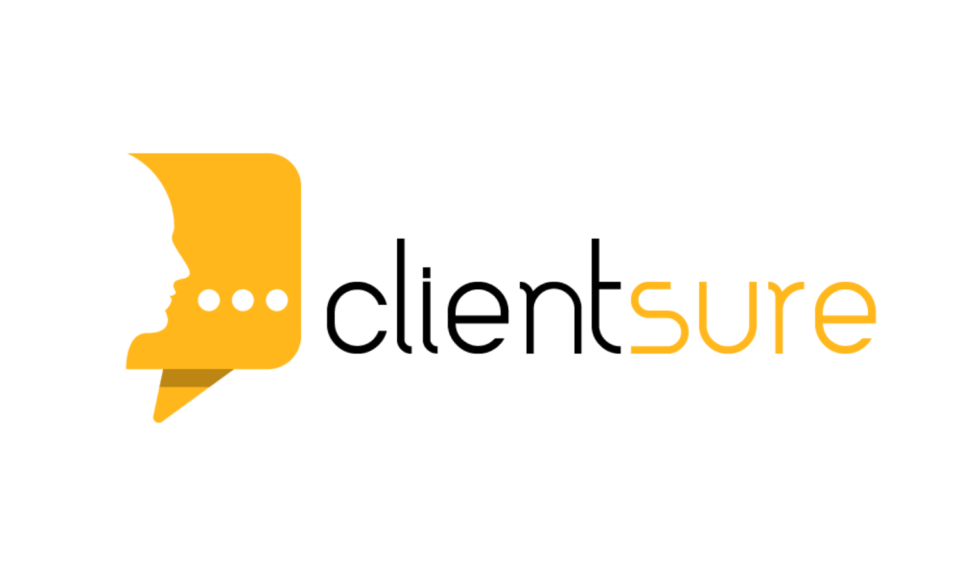 A modern corporate logo for 'clientsure' featuring a bright yellow speech bubble icon on the left. The speech bubble contains the negative space silhouette of a human face profile and three white dots representing communication. The text 'client' is in black and 'sure' is in yellow, both in a clean sans-serif font, designed by AHSANZ.