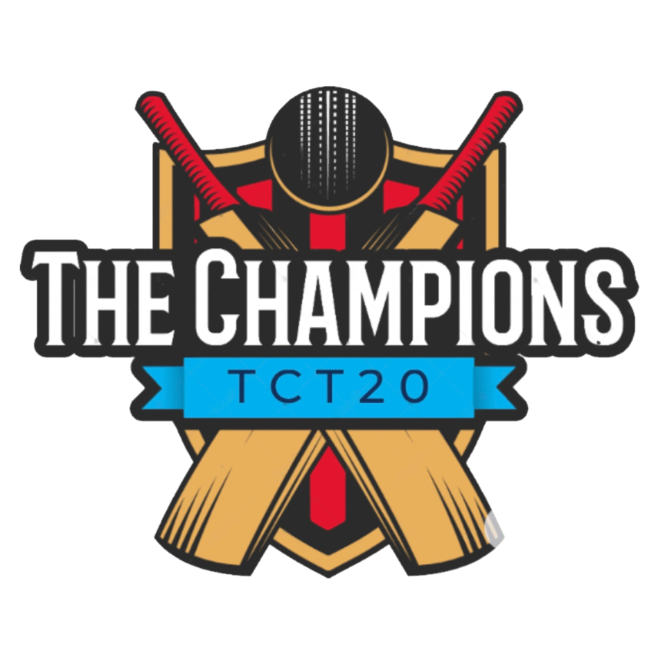 A bold cricket tournament logo featuring a crest with crossed bats, a cricket ball, and "THE CHAMPIONS TCT20" typography, designed by AHSANZ.
