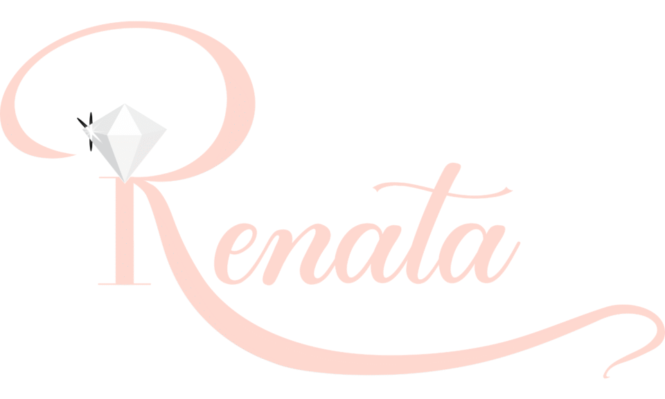 A feminine and elegant logo for 'Renata' featuring a soft peach or blush pink script font. The stylized capital 'R' incorporates a large, sparkling white diamond illustration with black setting prongs, designed by AHSANZ.
