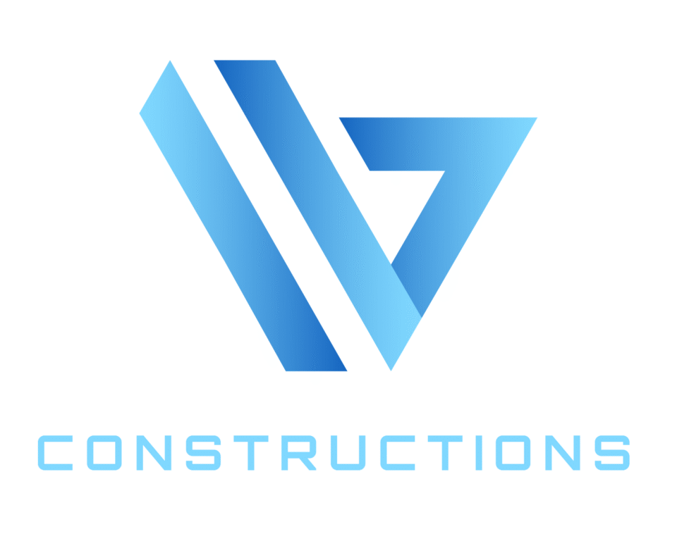 Modern minimalist logo for V CONSTRUCTIONS featuring a geometric blue gradient 'V' icon on a clean white background, designed by AHSANZ.