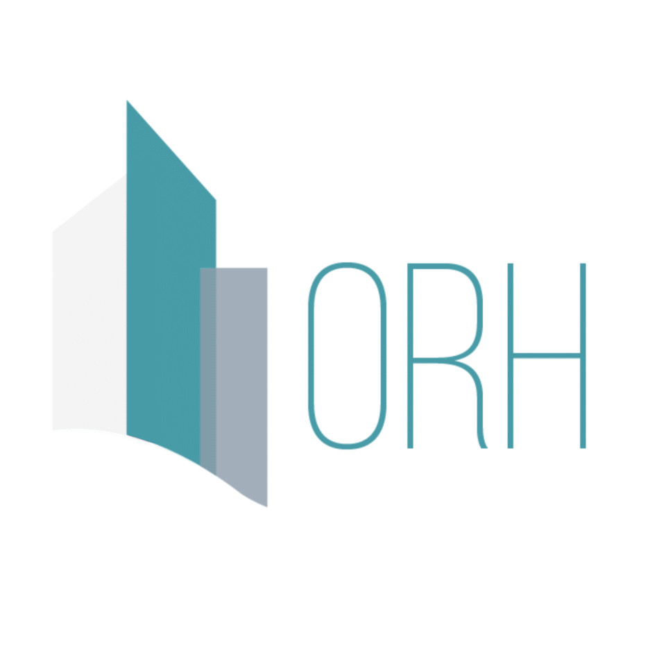 Minimalist architectural logo for ORH featuring three overlapping geometric skyscraper silhouettes in teal and grey on a white background, designed by AHSANZ.
