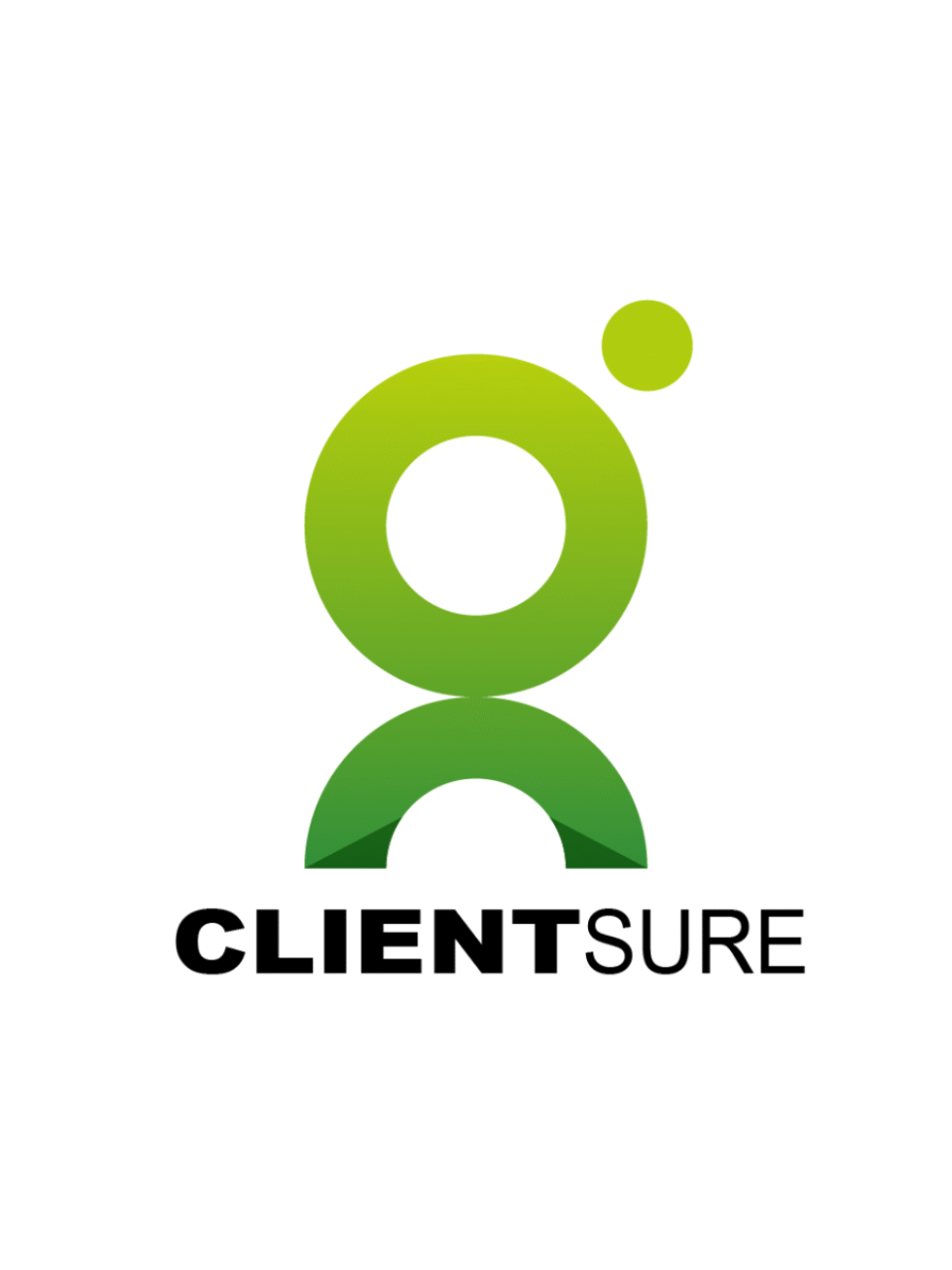Minimalist green logo for CLIENTSURE featuring a stylized, abstract 'G' or human-like figure composed of circles and curves on a white background, designed by AHSANZ.