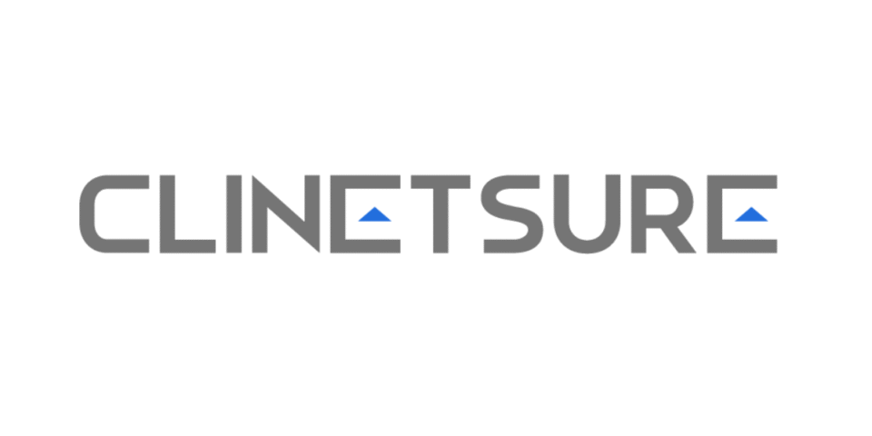 A sleek, grey horizontal wordmark for CLINETSURE featuring minimalist sans-serif typography with blue triangle accents in the letters 'E', designed by AHSANZ.