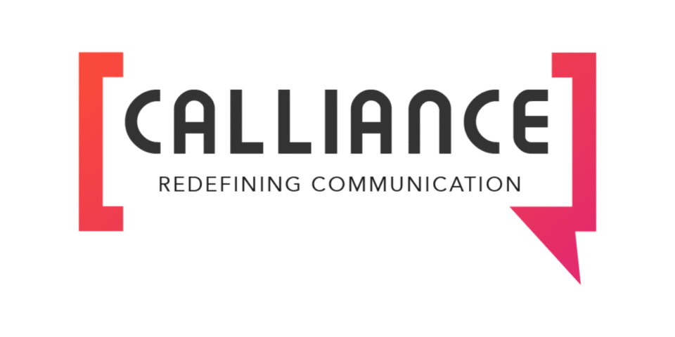 A horizontal logo for "CALLIANCE" featuring dark grey typography enclosed within a stylized, red-to-pink gradient bracket and speech bubble frame on a white background, designed by AHSANZ.
